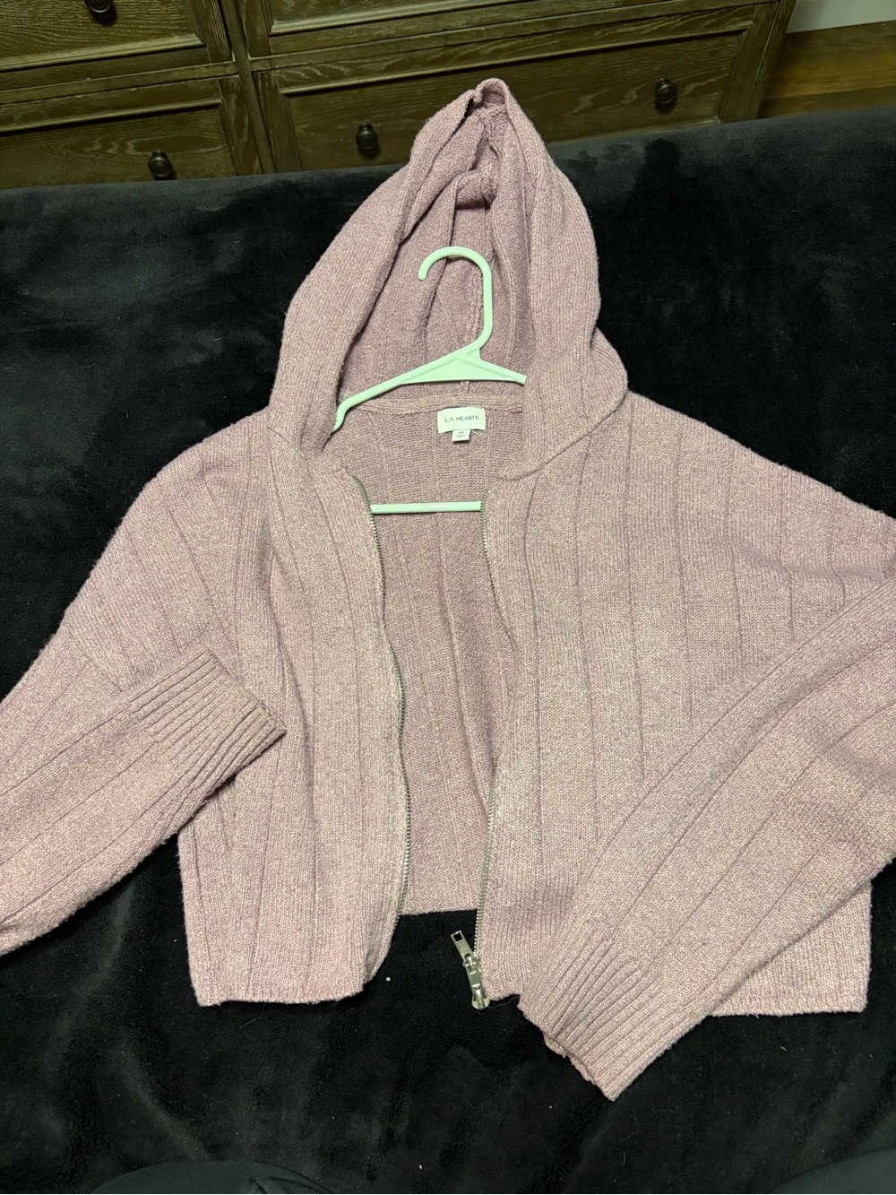 La Hearts Hooded Ribbed Knit Cardigan - Dusty Pink